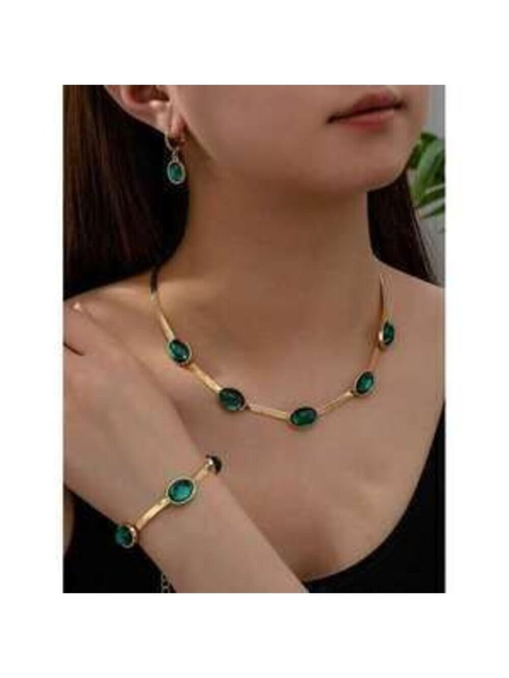 Vintage Boho With Green Gem Inlaid Necklace Brac Y2K Dainty